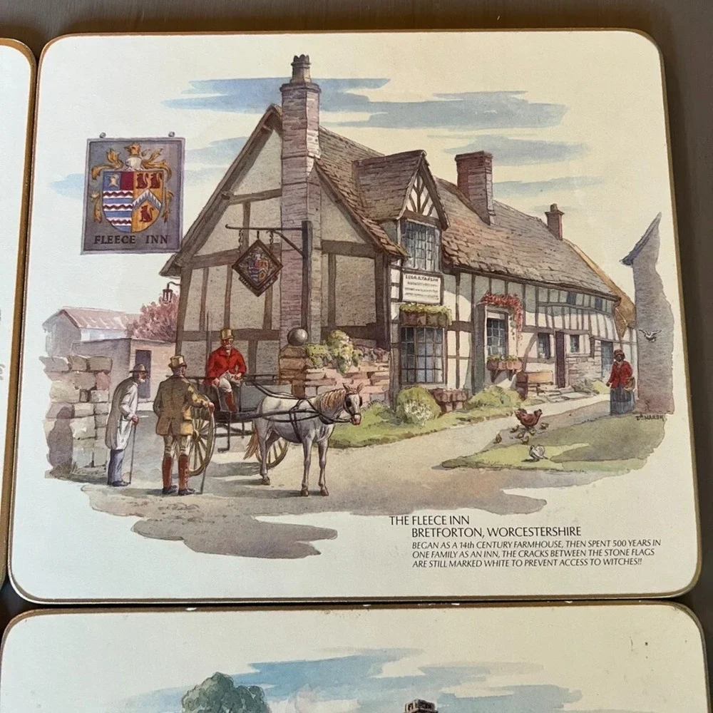 Vintage Cloverleaf Table Mats Set Olde Inns of England Cork Backed Placemats Set